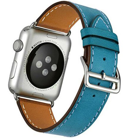 Curea iUni compatibila cu Apple Watch 1/2/3/4/5/6/7, 42mm, Single Tour, Piele, Albastru